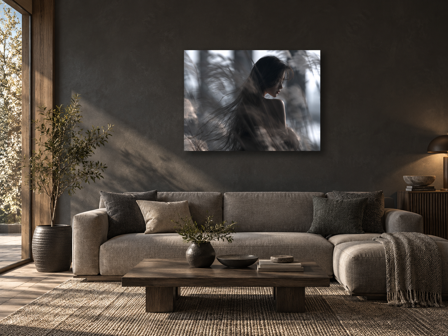 Artwork displayed in a dark living room