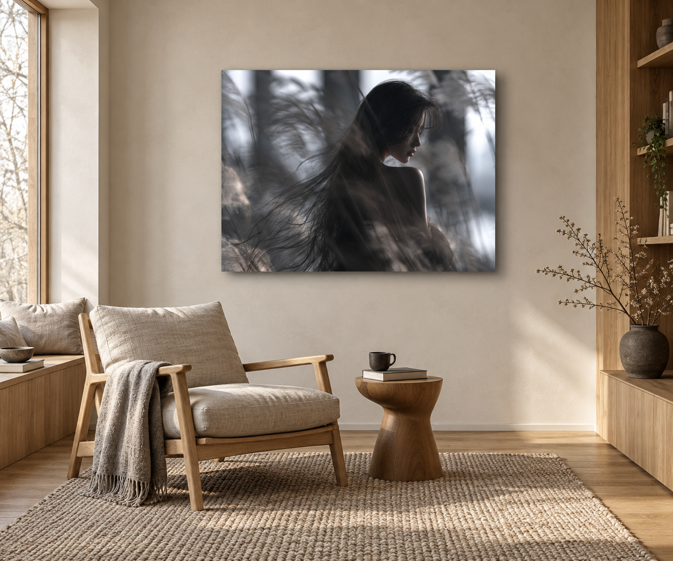 Artwork displayed in a bright Japandi reading room